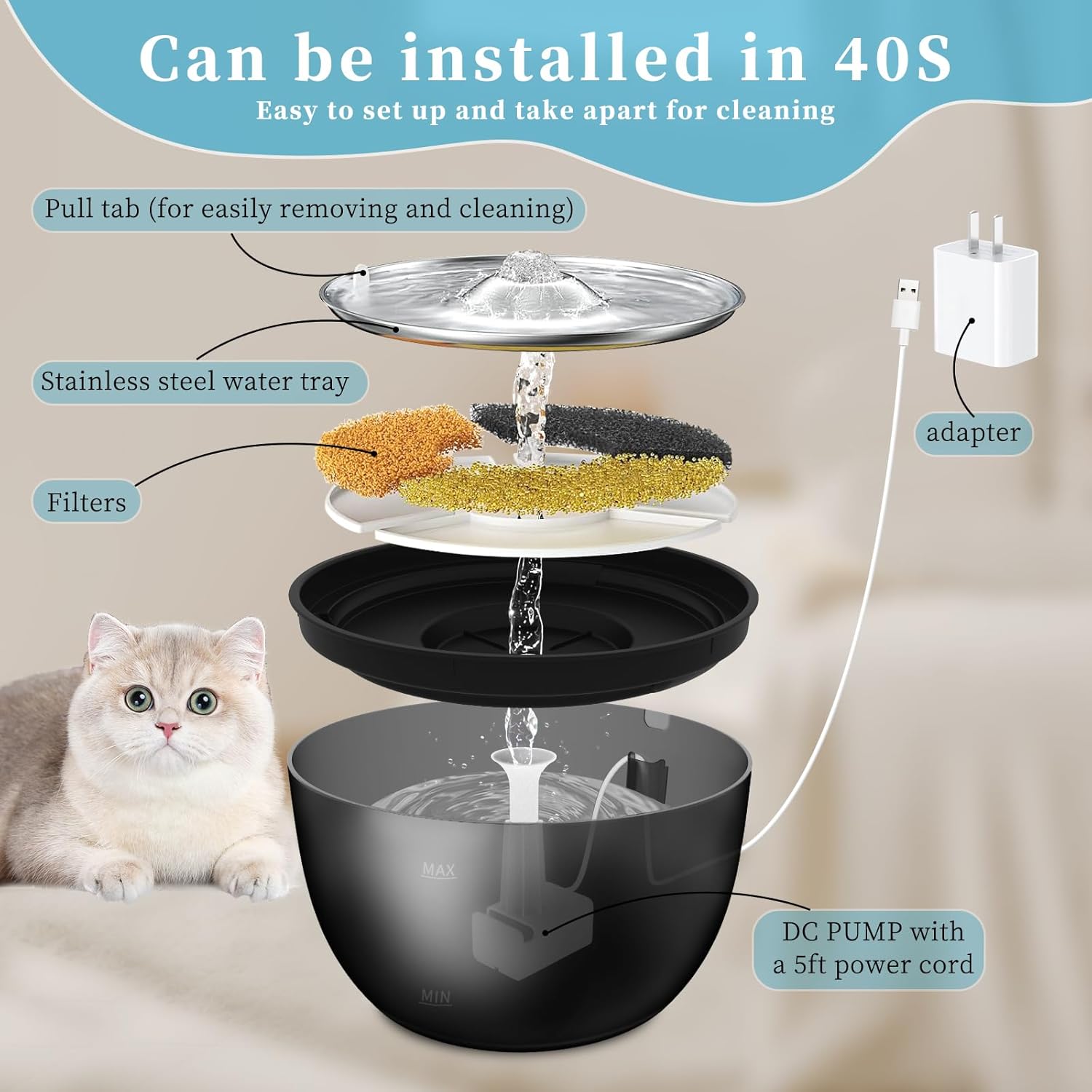 102oz/3L Cat Water Fountain Stainless Steel Tray Automatic Water Bowl Dispenser for Pets - click2shop