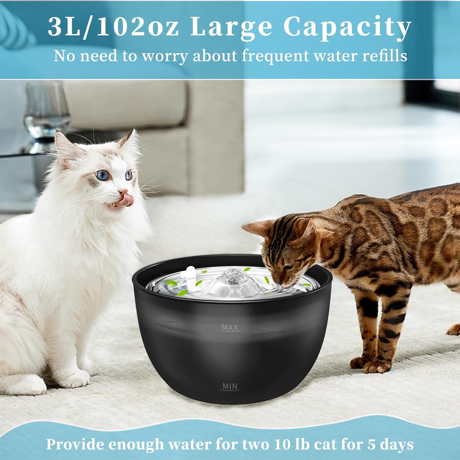 102oz/3L Cat Water Fountain Stainless Steel Tray Automatic Water Bowl Dispenser for Pets - click2shop