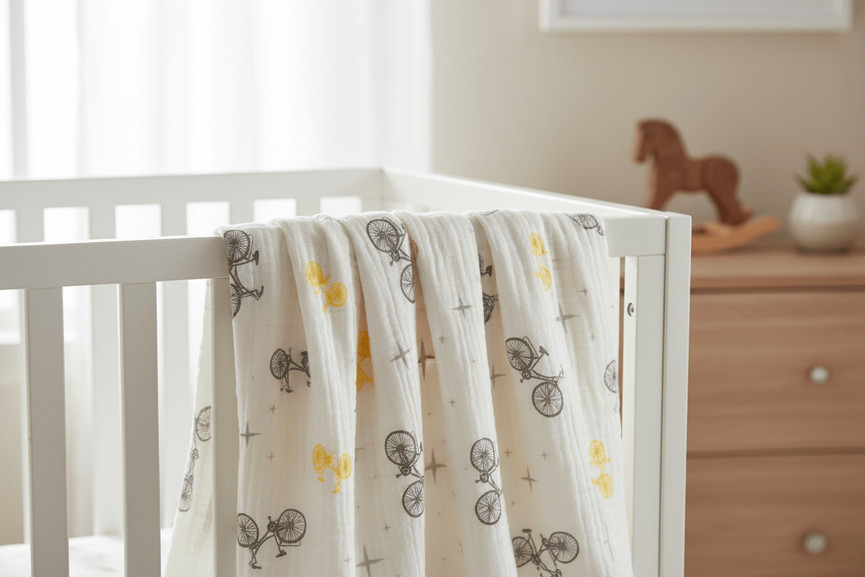 Bamboo Muslin Newcastle Blanket with Vintage Bicycle and Northern Star Print - click2shop