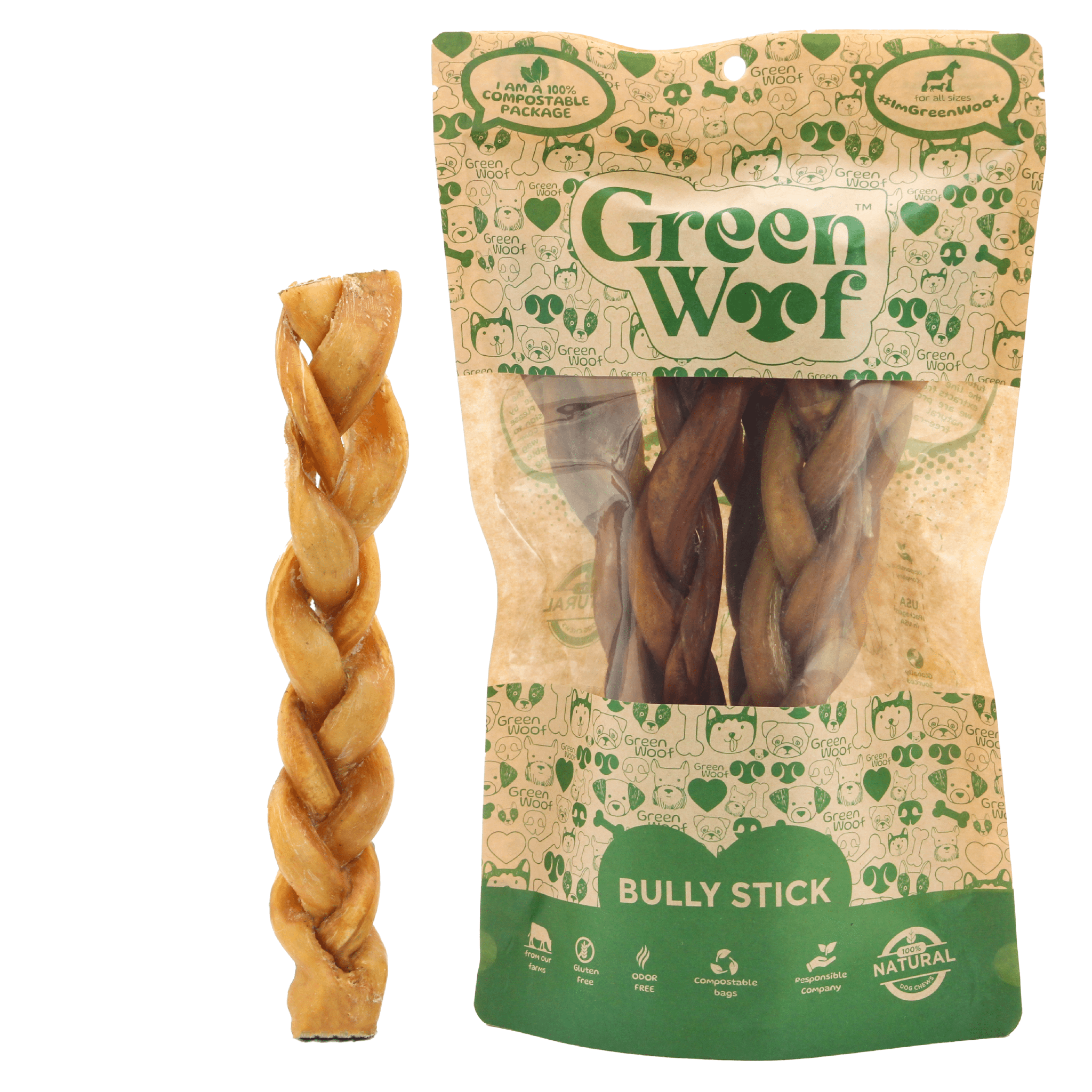 Dog Chews - Green Woof Braided Bully Sticks - Natural 100% Beef Treat - click2shop