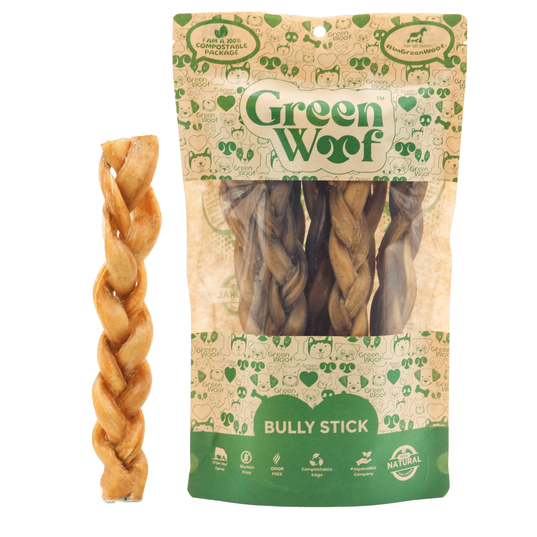 Dog Chews - Green Woof Braided Bully Sticks - Natural 100% Beef Treat - click2shop