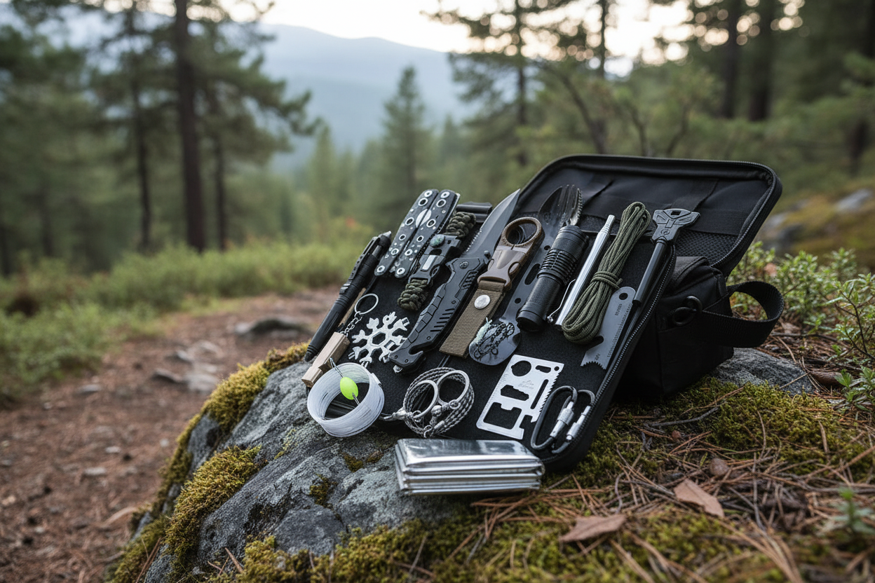 Survival Gear Kit in Wilderness Setting